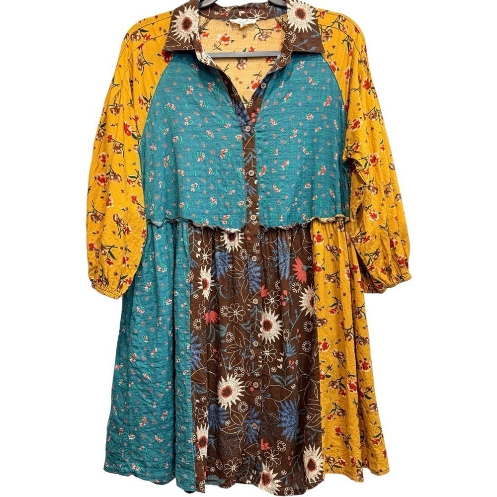 EASEL Patchwork Floral MIXED PRINT BUTTON DOWN Mini SHIRT DRESS FLORAL Boho Chic